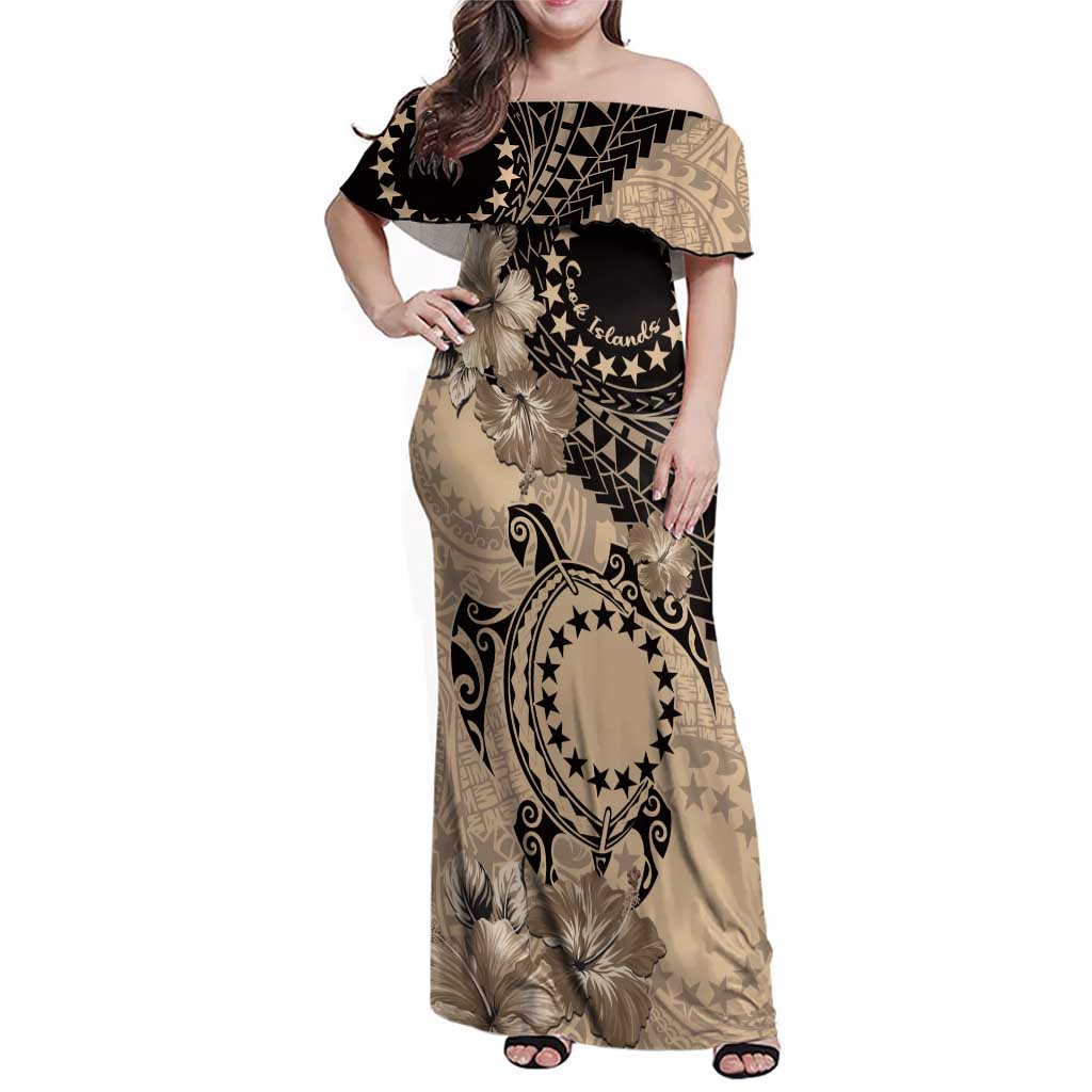 Cook Islands Turtle Family Matching Off Shoulder Maxi Dress and Hawaiian Shirt Stars and Hibiscus - Beige LT01 Mom's Dress Beige - Polynesian Pride