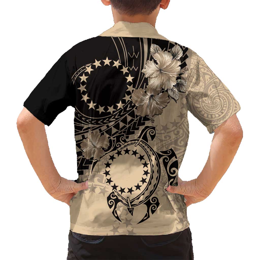 Cook Islands Turtle Family Matching Off Shoulder Short Dress and Hawaiian Shirt Stars and Hibiscus - Beige LT01 - Polynesian Pride