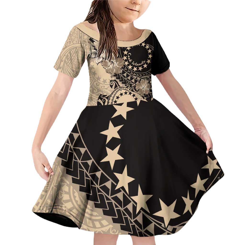 Cook Islands Turtle Family Matching Off Shoulder Short Dress and Hawaiian Shirt Stars and Hibiscus - Beige LT01 Daughter's Dress Beige - Polynesian Pride