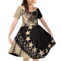 Cook Islands Turtle Family Matching Off Shoulder Short Dress and Hawaiian Shirt Stars and Hibiscus - Beige LT01 Daughter's Dress Beige - Polynesian Pride