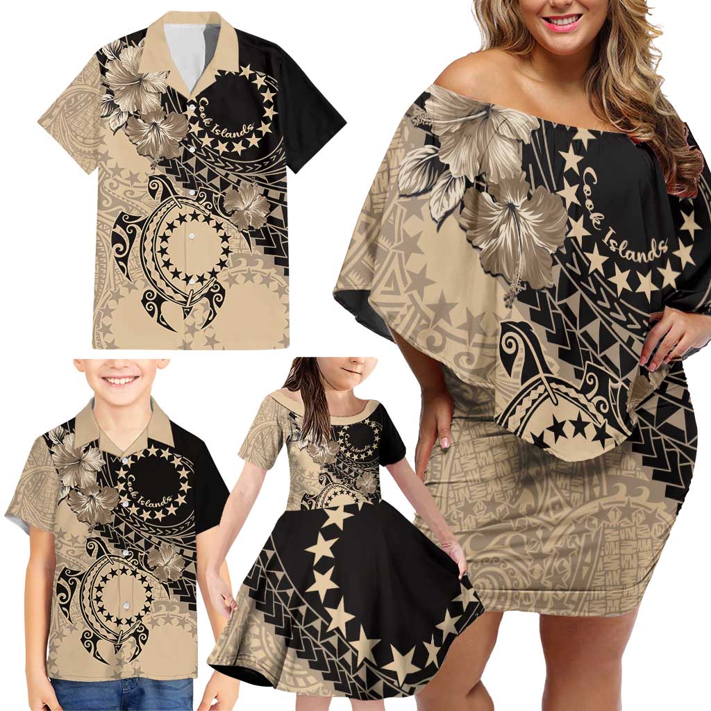 Cook Islands Turtle Family Matching Off Shoulder Short Dress and Hawaiian Shirt Stars and Hibiscus - Beige LT01 - Polynesian Pride