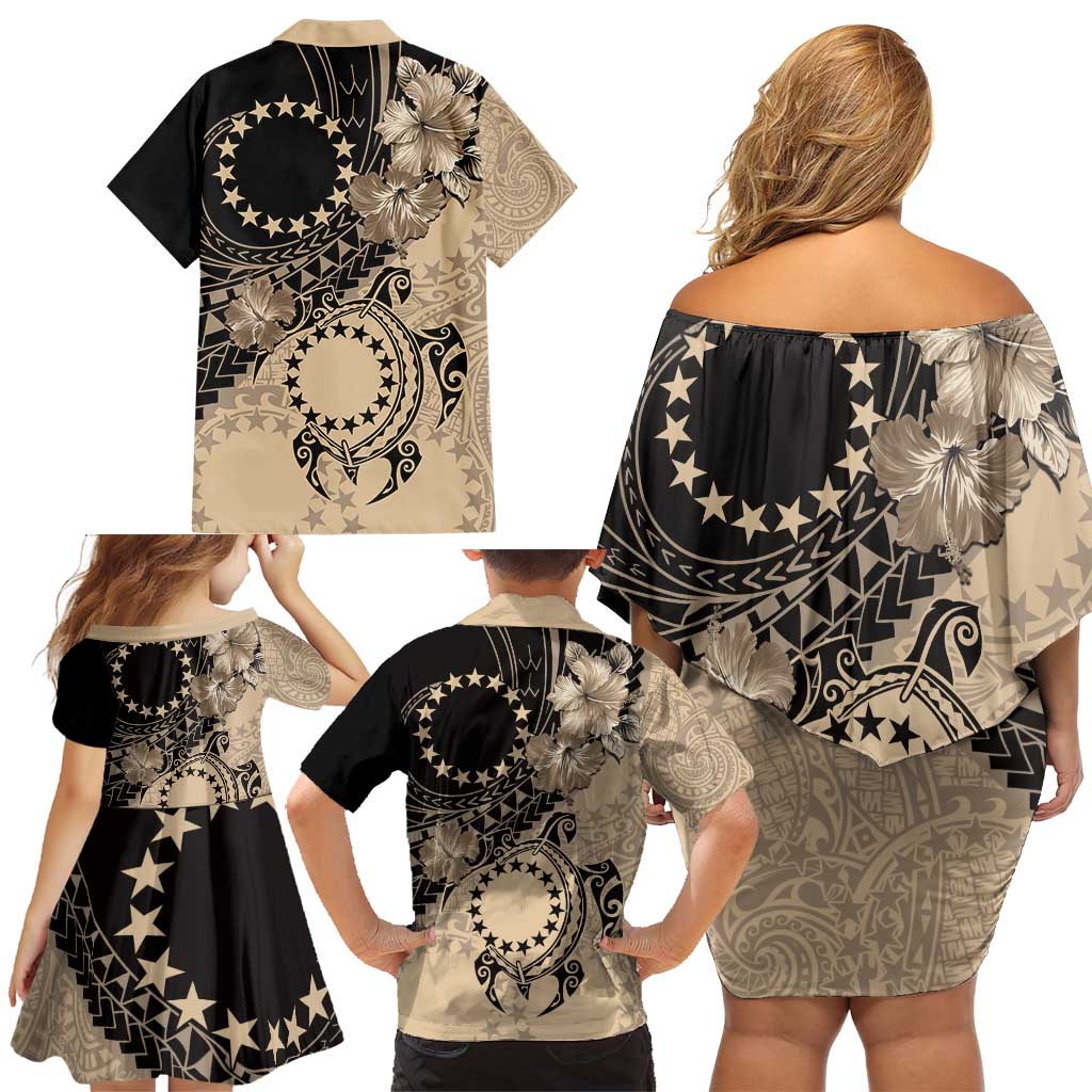 Cook Islands Turtle Family Matching Off Shoulder Short Dress and Hawaiian Shirt Stars and Hibiscus - Beige LT01 - Polynesian Pride