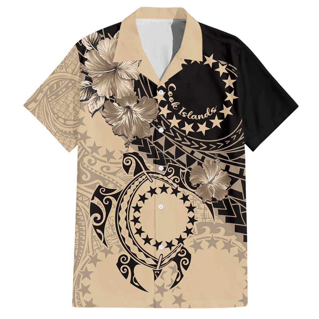 Cook Islands Turtle Family Matching Off Shoulder Short Dress and Hawaiian Shirt Stars and Hibiscus - Beige LT01 Dad's Shirt - Short Sleeve Beige - Polynesian Pride