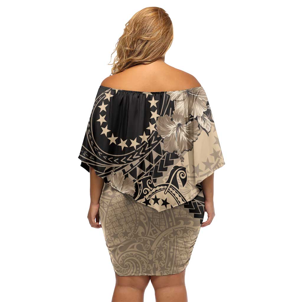 Cook Islands Turtle Family Matching Off Shoulder Short Dress and Hawaiian Shirt Stars and Hibiscus - Beige LT01 - Polynesian Pride