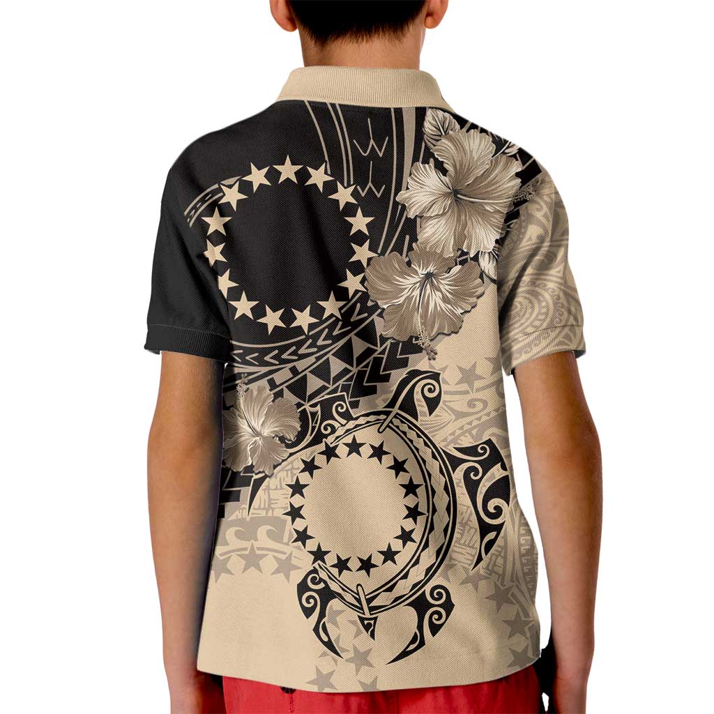 Cook Islands Turtle Kid Polo Shirt Stars and Hibiscus - Beige