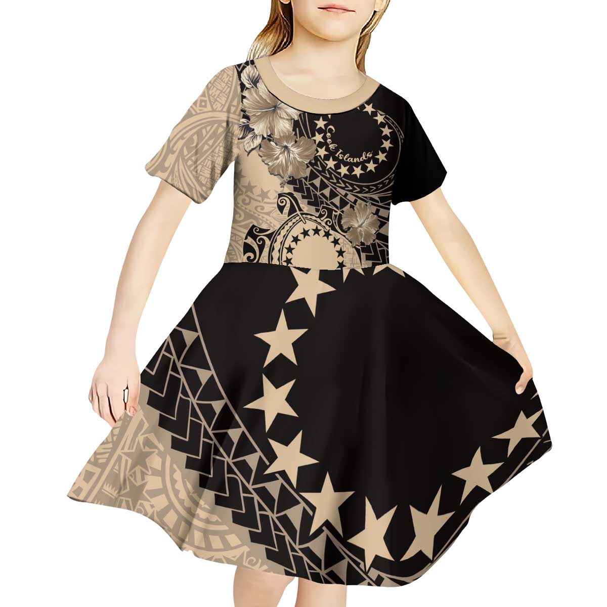 Cook Islands Turtle Kid Short Sleeve Dress Stars and Hibiscus - Beige