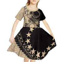 Cook Islands Turtle Kid Short Sleeve Dress Stars and Hibiscus - Beige