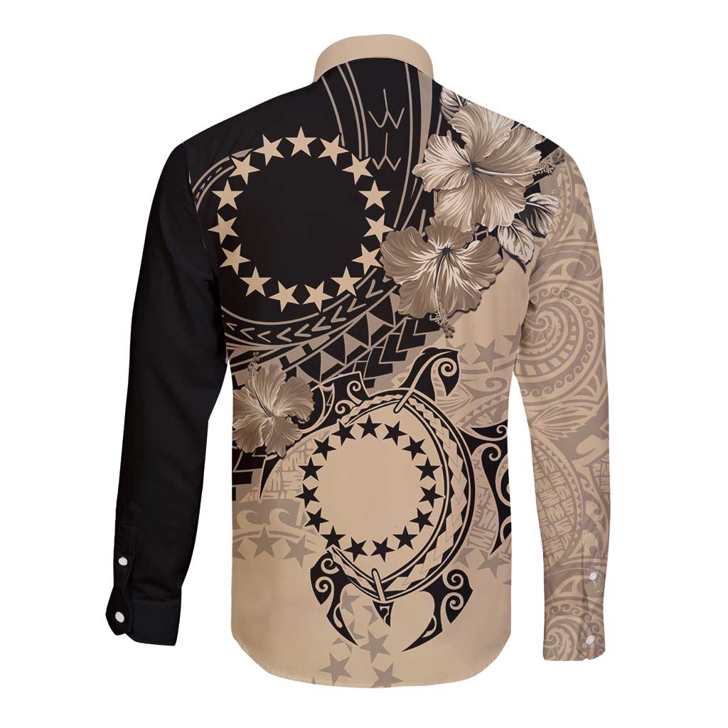 Cook Islands Turtle Long Sleeve Button Shirt Stars and Hibiscus - Beige