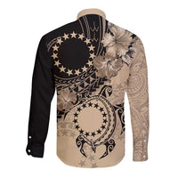 Cook Islands Turtle Long Sleeve Button Shirt Stars and Hibiscus - Beige