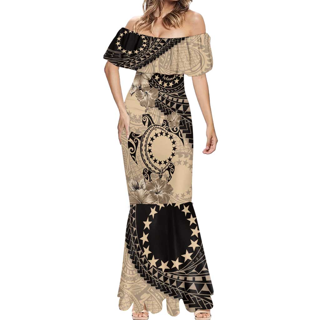 Cook Islands Turtle Mermaid Dress Stars and Hibiscus - Beige LT01 - Polynesian Pride