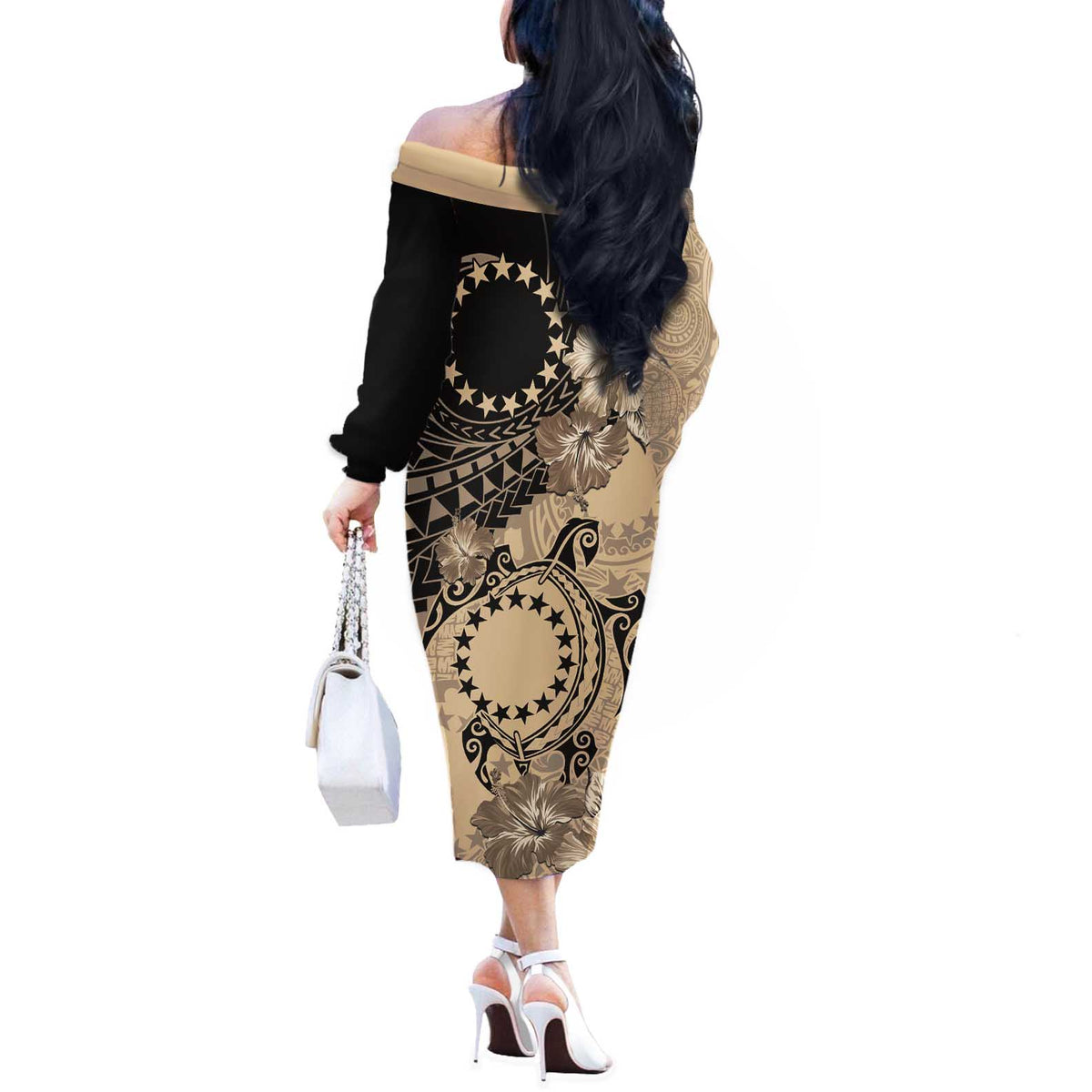 Cook Islands Turtle Off The Shoulder Long Sleeve Dress Stars and Hibiscus - Beige