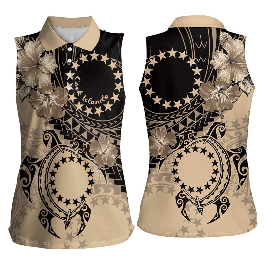 Cook Islands Turtle Women Sleeveless Polo Shirt Stars and Hibiscus - Beige