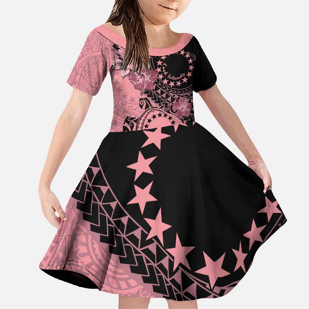 Cook Islands Turtle Family Matching Long Sleeve Bodycon Dress and Hawaiian Shirt Stars and Hibiscus - Pink LT01 Daughter's Dress Pink - Polynesian Pride