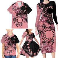 Cook Islands Turtle Family Matching Long Sleeve Bodycon Dress and Hawaiian Shirt Stars and Hibiscus - Pink LT01 - Polynesian Pride