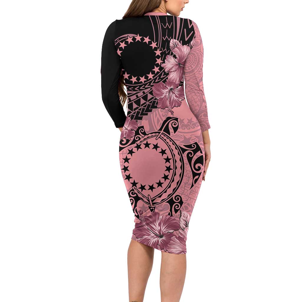 Cook Islands Turtle Family Matching Long Sleeve Bodycon Dress and Hawaiian Shirt Stars and Hibiscus - Pink LT01 - Polynesian Pride