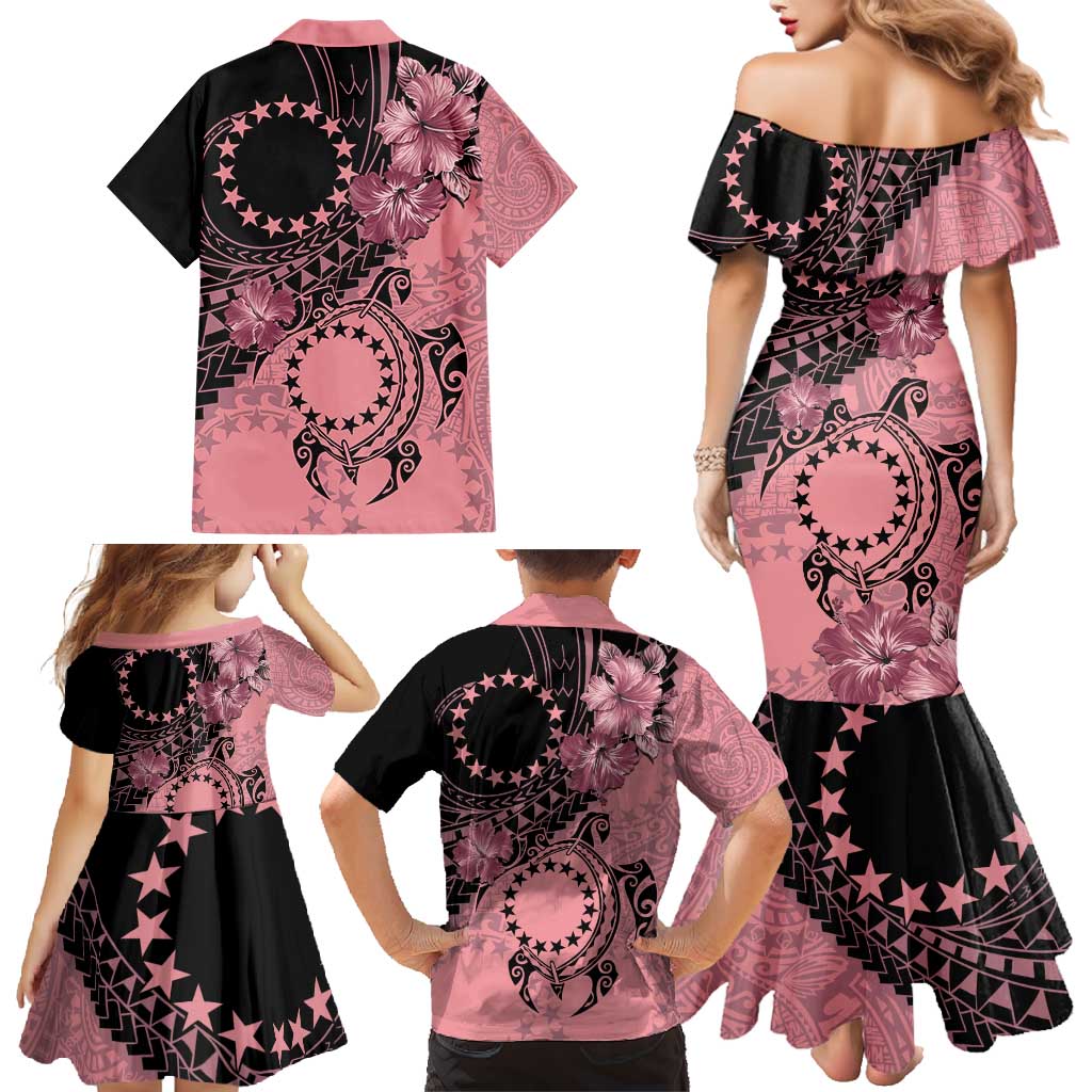 Cook Islands Turtle Family Matching Mermaid Dress and Hawaiian Shirt Stars and Hibiscus - Pink LT01 - Polynesian Pride