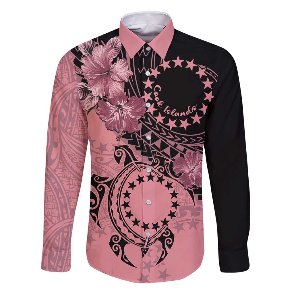 Cook Islands Turtle Family Matching Mermaid Dress and Hawaiian Shirt Stars and Hibiscus - Pink LT01 Dad's Shirt - Long Sleeve Pink - Polynesian Pride