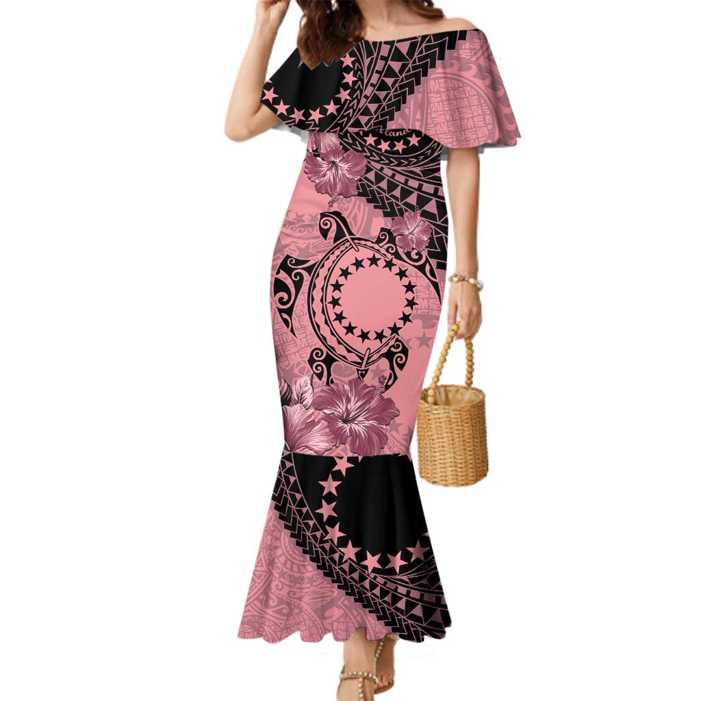 Cook Islands Turtle Family Matching Mermaid Dress and Hawaiian Shirt Stars and Hibiscus - Pink LT01 Mom's Dress Pink - Polynesian Pride