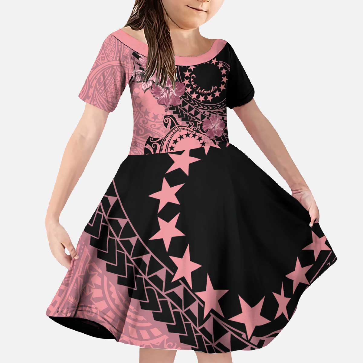 Cook Islands Turtle Family Matching Off The Shoulder Long Sleeve Dress and Hawaiian Shirt Stars and Hibiscus - Pink LT01 Daughter's Dress Pink - Polynesian Pride