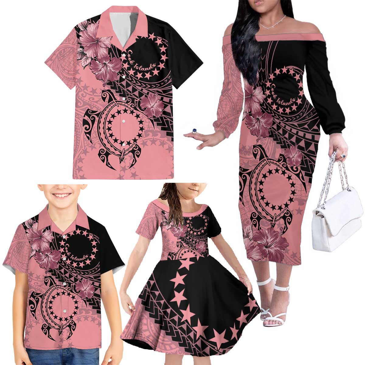 Cook Islands Turtle Family Matching Off The Shoulder Long Sleeve Dress and Hawaiian Shirt Stars and Hibiscus - Pink LT01 - Polynesian Pride