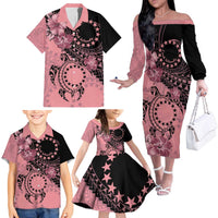 Cook Islands Turtle Family Matching Off The Shoulder Long Sleeve Dress and Hawaiian Shirt Stars and Hibiscus - Pink LT01 - Polynesian Pride