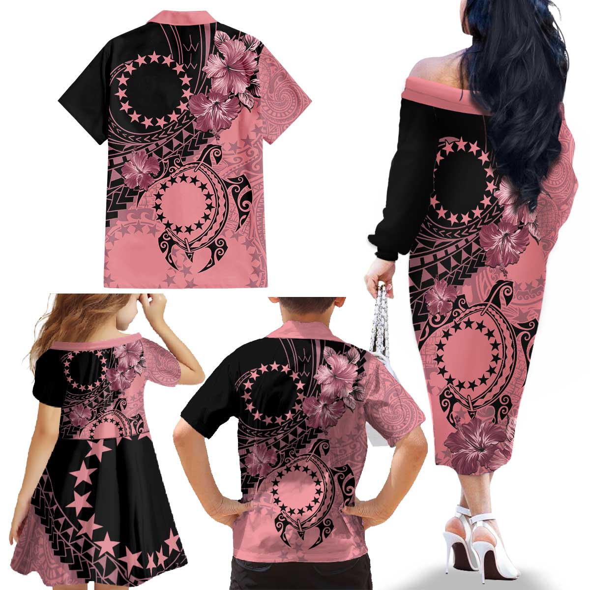 Cook Islands Turtle Family Matching Off The Shoulder Long Sleeve Dress and Hawaiian Shirt Stars and Hibiscus - Pink LT01 - Polynesian Pride