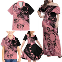 Cook Islands Turtle Family Matching Off Shoulder Maxi Dress and Hawaiian Shirt Stars and Hibiscus - Pink LT01 - Polynesian Pride