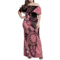 Cook Islands Turtle Family Matching Off Shoulder Maxi Dress and Hawaiian Shirt Stars and Hibiscus - Pink LT01 Mom's Dress Pink - Polynesian Pride