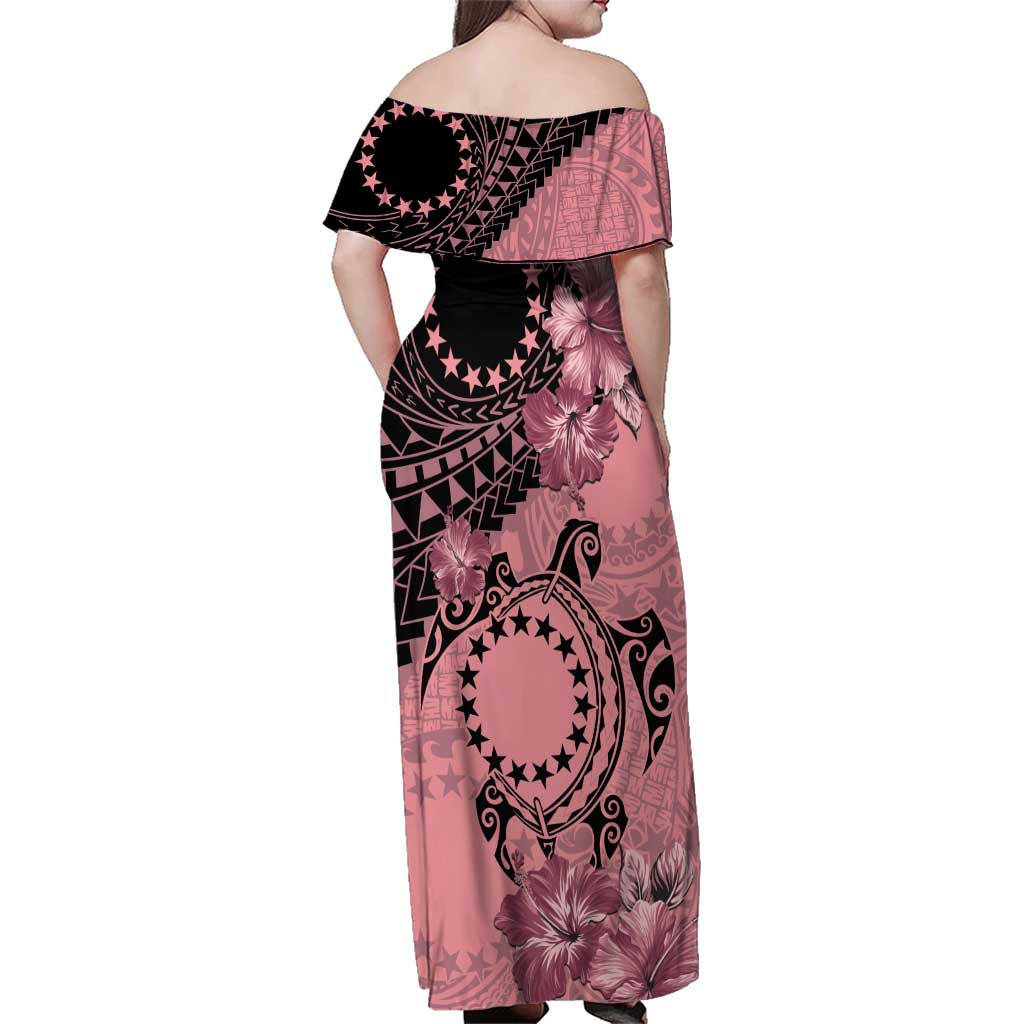 Cook Islands Turtle Family Matching Off Shoulder Maxi Dress and Hawaiian Shirt Stars and Hibiscus - Pink LT01 - Polynesian Pride