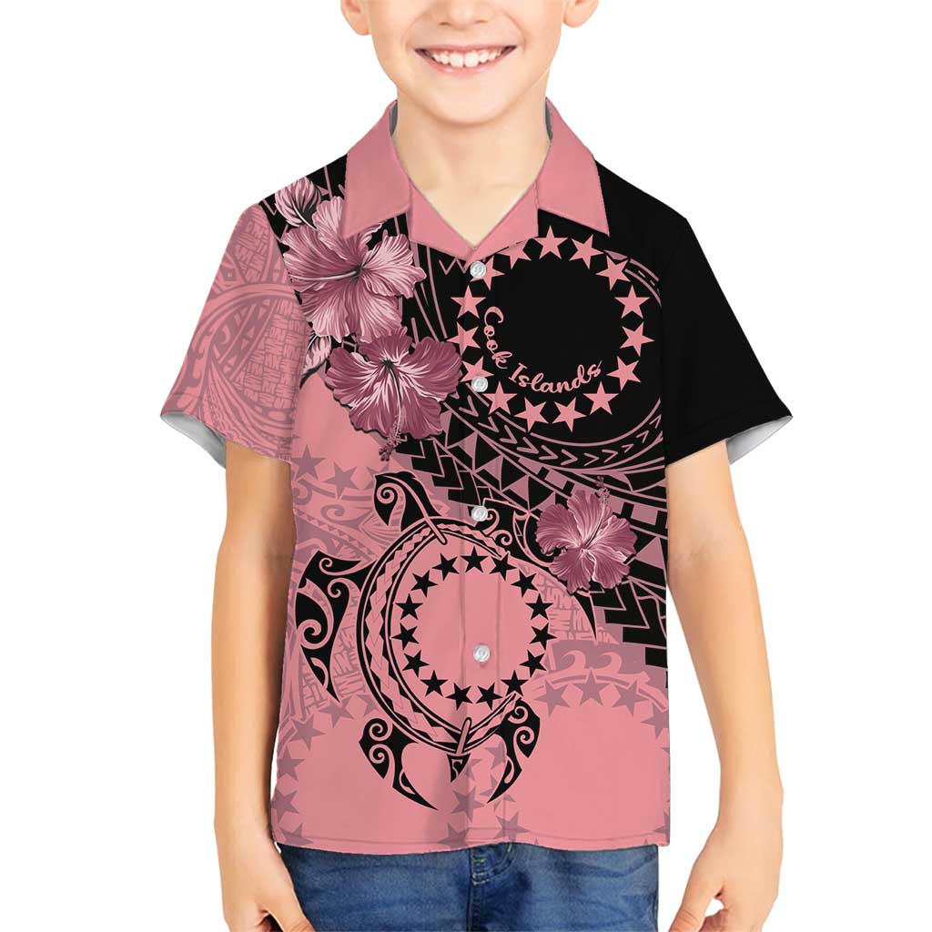 Cook Islands Turtle Family Matching Off Shoulder Maxi Dress and Hawaiian Shirt Stars and Hibiscus - Pink LT01 Son's Shirt Pink - Polynesian Pride