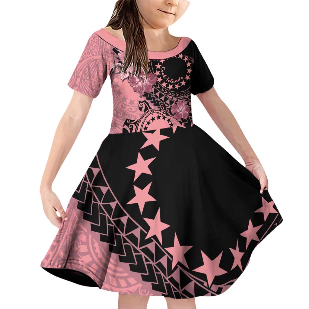 Cook Islands Turtle Family Matching Off Shoulder Short Dress and Hawaiian Shirt Stars and Hibiscus - Pink LT01 Daughter's Dress Pink - Polynesian Pride