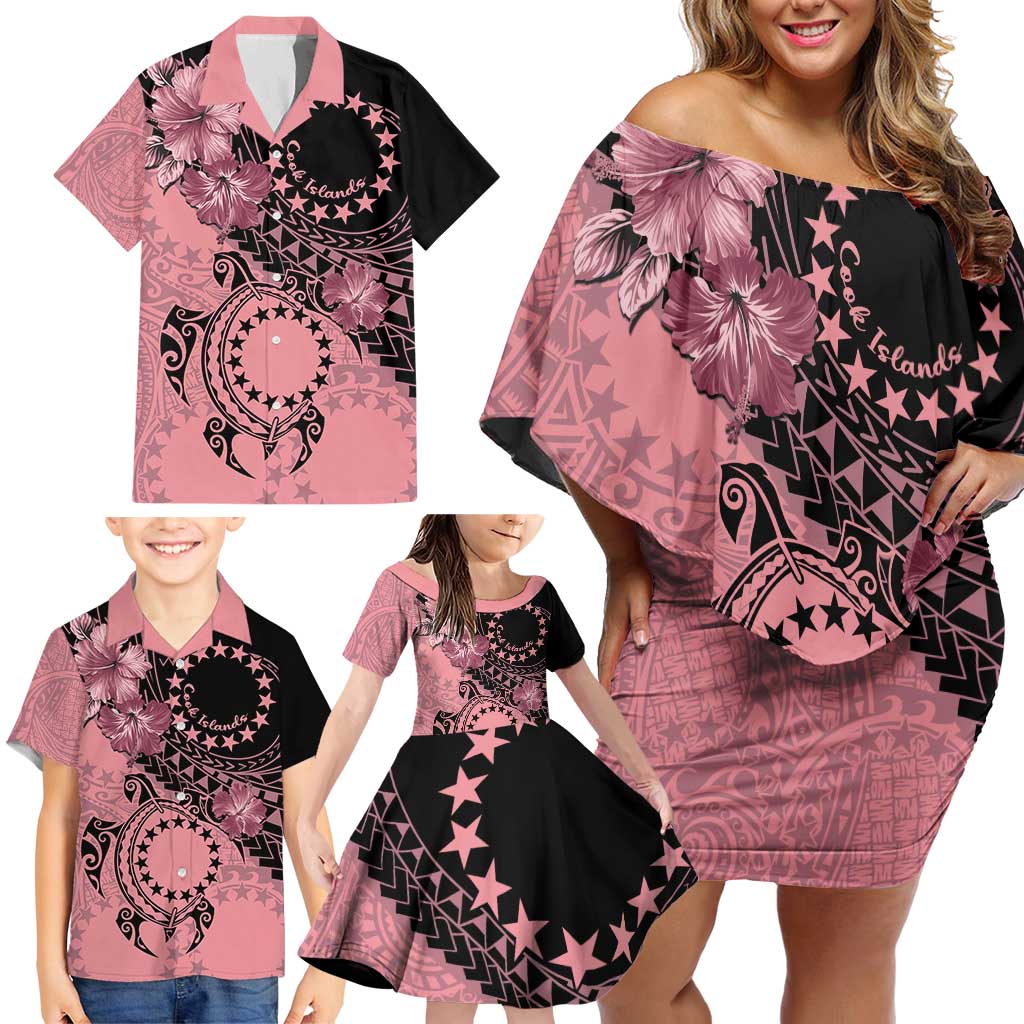 Cook Islands Turtle Family Matching Off Shoulder Short Dress and Hawaiian Shirt Stars and Hibiscus - Pink LT01 - Polynesian Pride