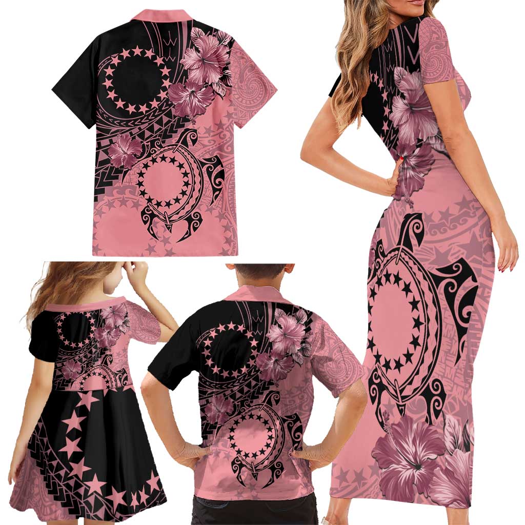 Cook Islands Turtle Family Matching Short Sleeve Bodycon Dress and Hawaiian Shirt Stars and Hibiscus - Pink LT01 - Polynesian Pride