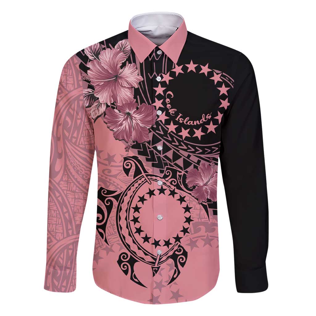 Cook Islands Turtle Family Matching Short Sleeve Bodycon Dress and Hawaiian Shirt Stars and Hibiscus - Pink LT01 Dad's Shirt - Long Sleeve Pink - Polynesian Pride
