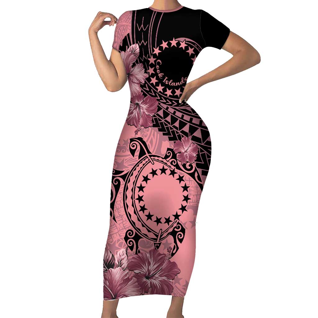 Cook Islands Turtle Family Matching Short Sleeve Bodycon Dress and Hawaiian Shirt Stars and Hibiscus - Pink LT01 Mom's Dress Pink - Polynesian Pride