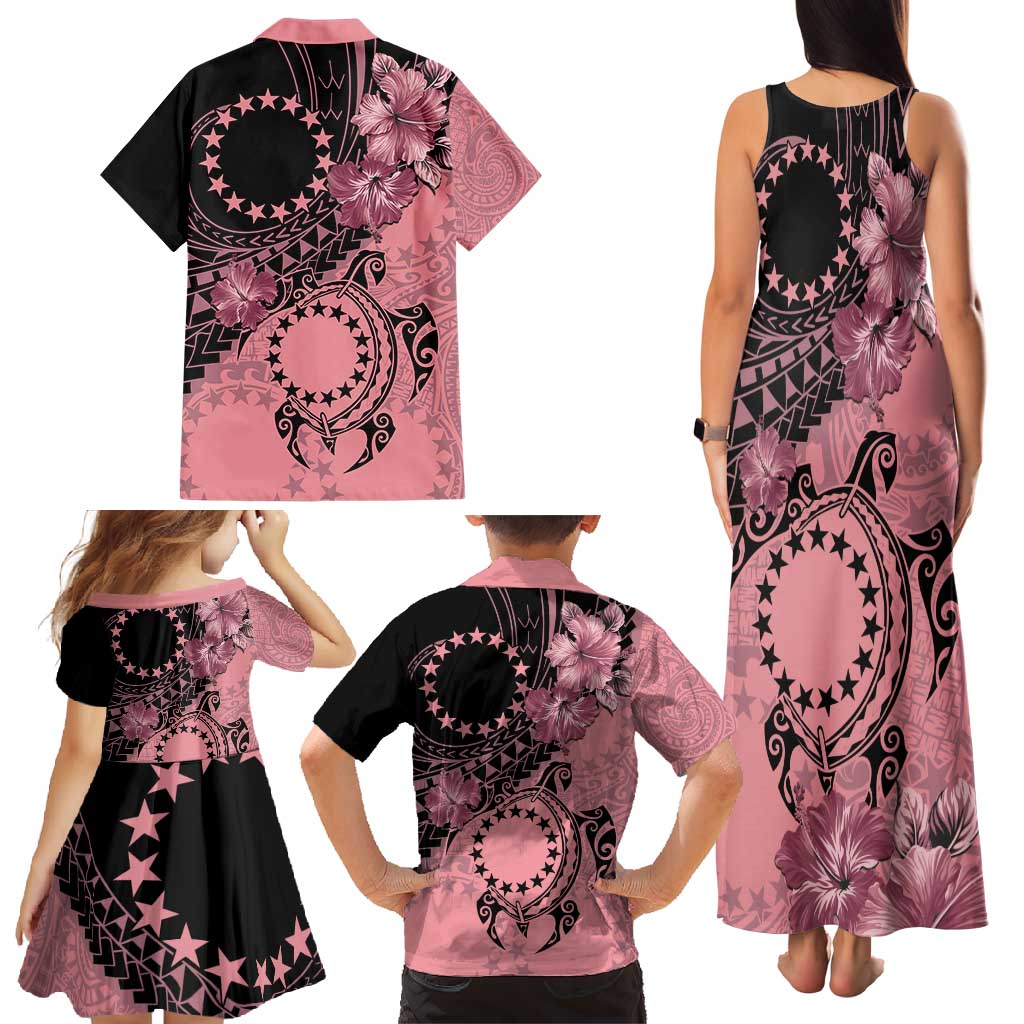 Cook Islands Turtle Family Matching Tank Maxi Dress and Hawaiian Shirt Stars and Hibiscus - Pink LT01 - Polynesian Pride