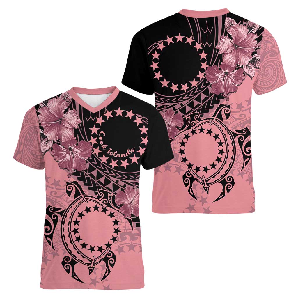 Cook Islands Turtle Women V-Neck T-Shirt Stars and Hibiscus - Pink