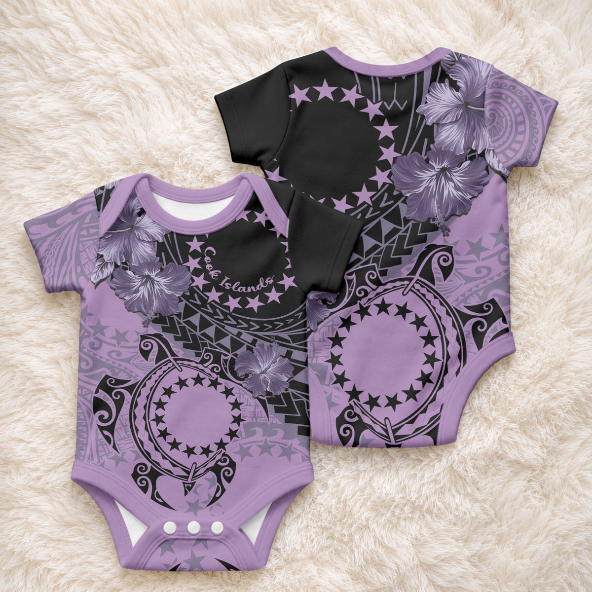 Cook Islands Turtle Baby Onesie Stars and Hibiscus - Purple LT01 - Polynesian Pride