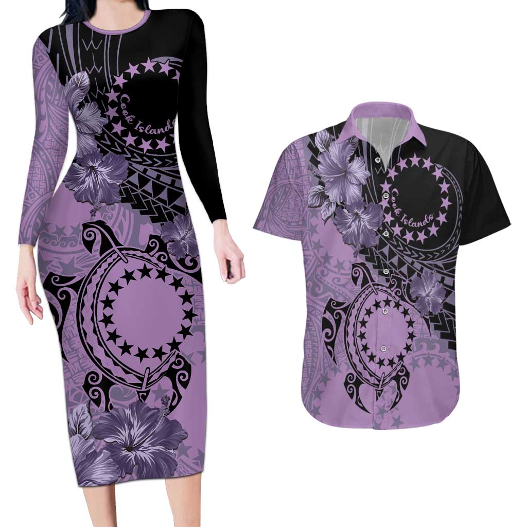 Cook Islands Turtle Couples Matching Long Sleeve Bodycon Dress and Hawaiian Shirt Stars and Hibiscus - Purple LT01 Purple - Polynesian Pride