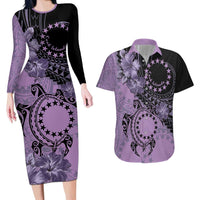 Cook Islands Turtle Couples Matching Long Sleeve Bodycon Dress and Hawaiian Shirt Stars and Hibiscus - Purple LT01 Purple - Polynesian Pride
