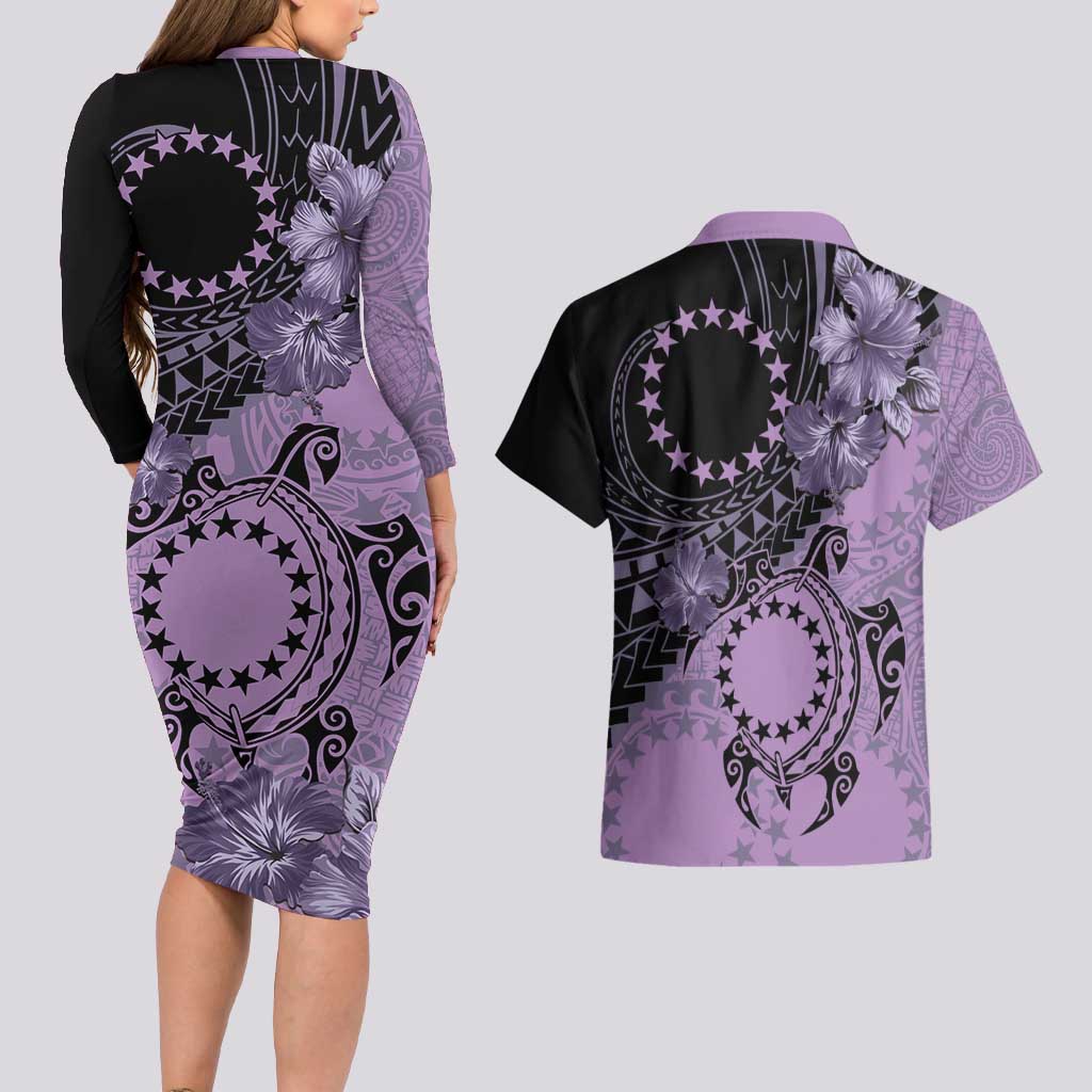 Cook Islands Turtle Couples Matching Long Sleeve Bodycon Dress and Hawaiian Shirt Stars and Hibiscus - Purple LT01 - Polynesian Pride
