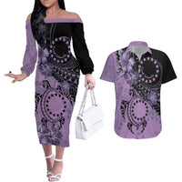 Cook Islands Turtle Couples Matching Off The Shoulder Long Sleeve Dress and Hawaiian Shirt Stars and Hibiscus - Purple LT01 Purple - Polynesian Pride