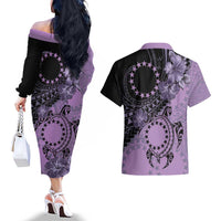 Cook Islands Turtle Couples Matching Off The Shoulder Long Sleeve Dress and Hawaiian Shirt Stars and Hibiscus - Purple LT01 - Polynesian Pride