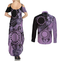 Cook Islands Turtle Couples Matching Summer Maxi Dress and Long Sleeve Button Shirt Stars and Hibiscus - Purple LT01 - Polynesian Pride