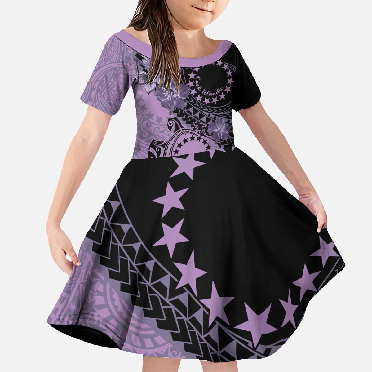 Cook Islands Turtle Family Matching Off The Shoulder Long Sleeve Dress and Hawaiian Shirt Stars and Hibiscus - Purple LT01 Daughter's Dress Purple - Polynesian Pride