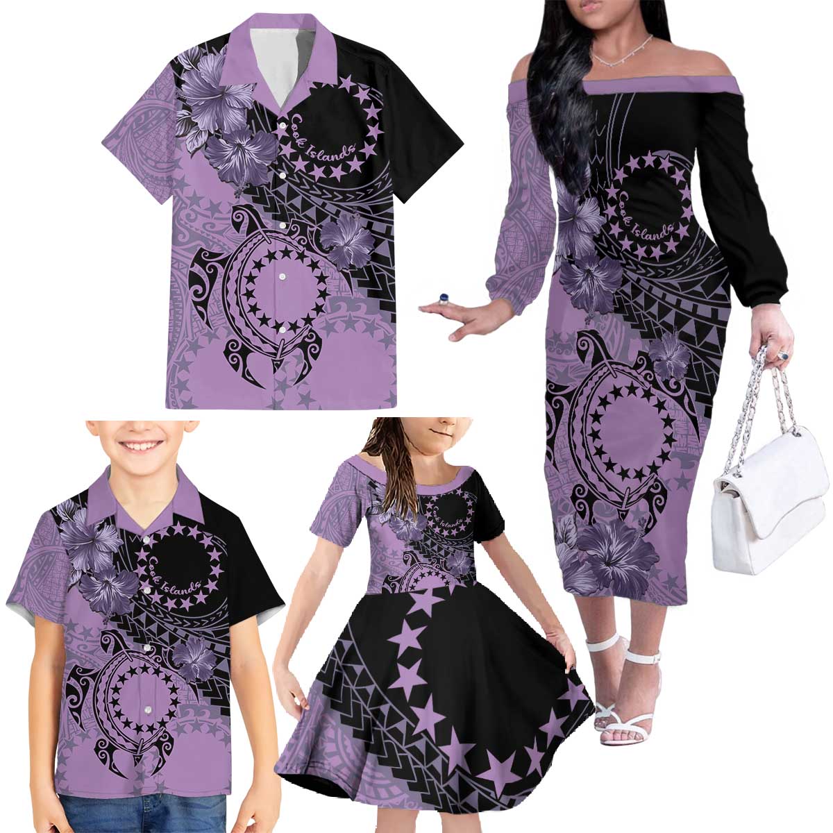 Cook Islands Turtle Family Matching Off The Shoulder Long Sleeve Dress and Hawaiian Shirt Stars and Hibiscus - Purple LT01 - Polynesian Pride