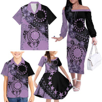 Cook Islands Turtle Family Matching Off The Shoulder Long Sleeve Dress and Hawaiian Shirt Stars and Hibiscus - Purple LT01 - Polynesian Pride