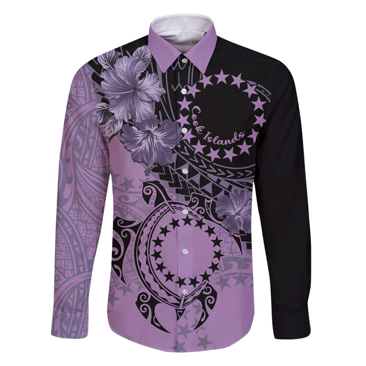 Cook Islands Turtle Family Matching Off The Shoulder Long Sleeve Dress and Hawaiian Shirt Stars and Hibiscus - Purple LT01 Dad's Shirt - Long Sleeve Purple - Polynesian Pride