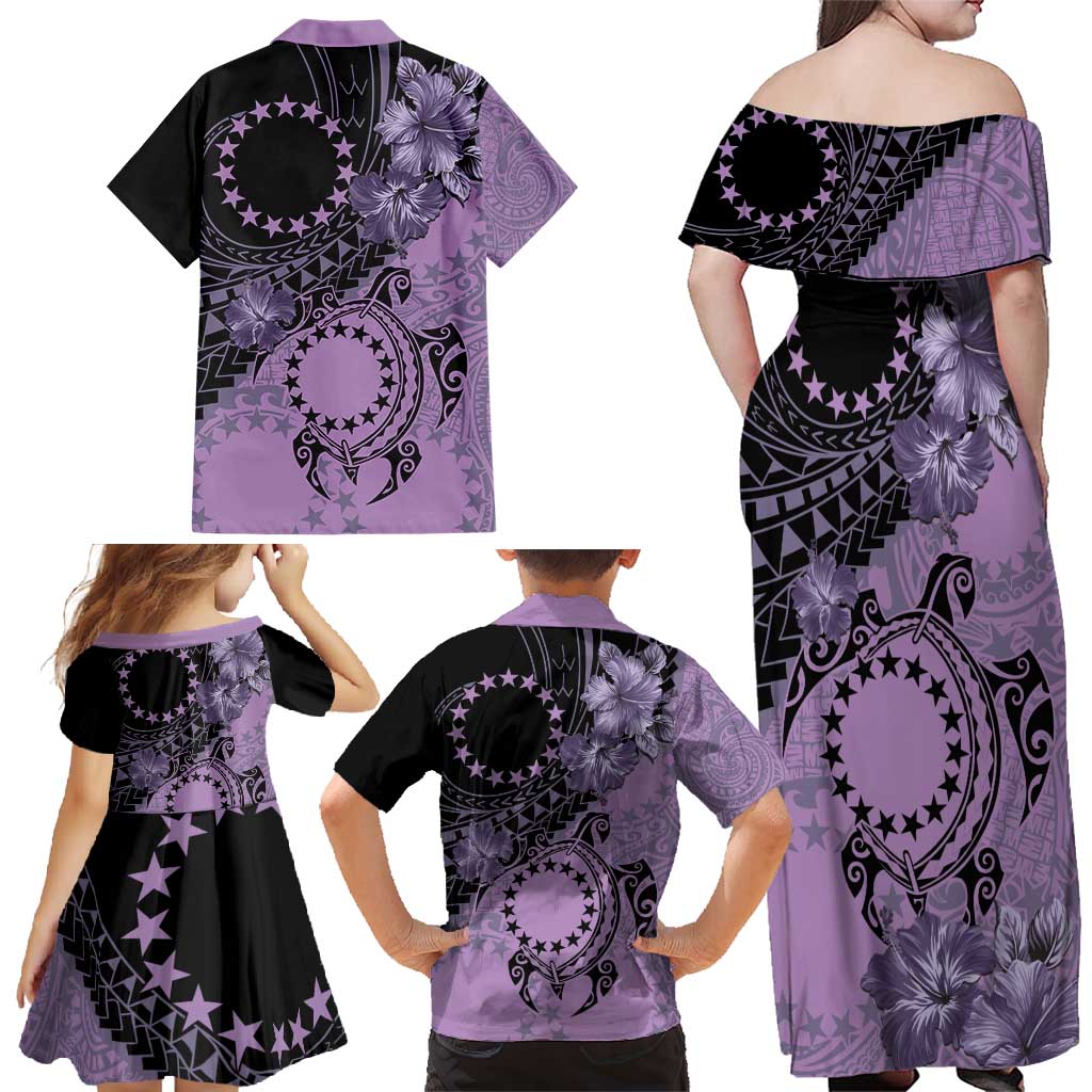 Cook Islands Turtle Family Matching Off Shoulder Maxi Dress and Hawaiian Shirt Stars and Hibiscus - Purple LT01 - Polynesian Pride
