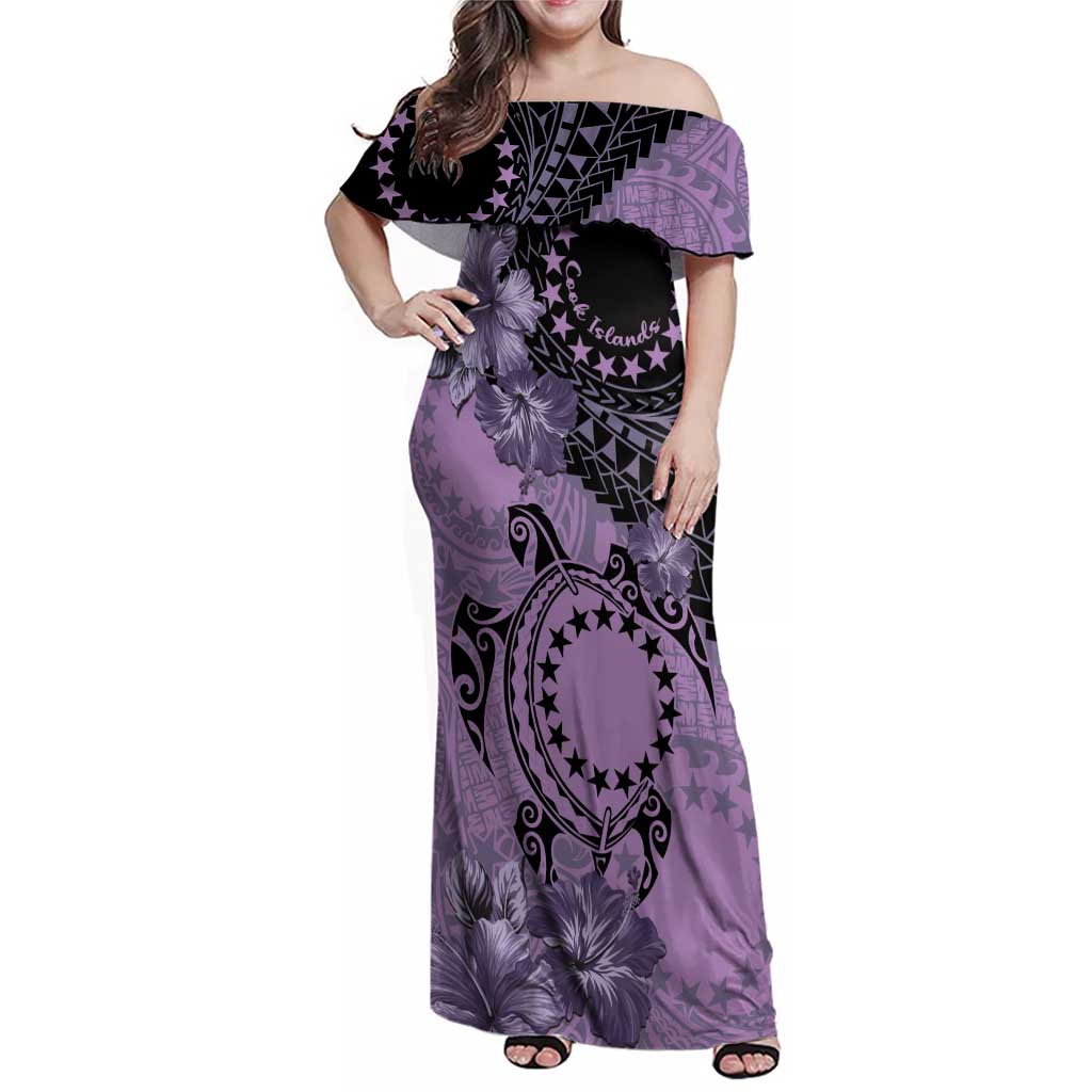 Cook Islands Turtle Family Matching Off Shoulder Maxi Dress and Hawaiian Shirt Stars and Hibiscus - Purple LT01 Mom's Dress Purple - Polynesian Pride